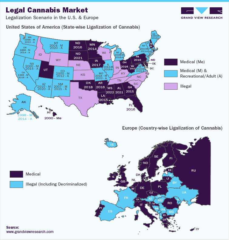 大麻合法化的场景在美国(State-wise)和欧洲(无论是)