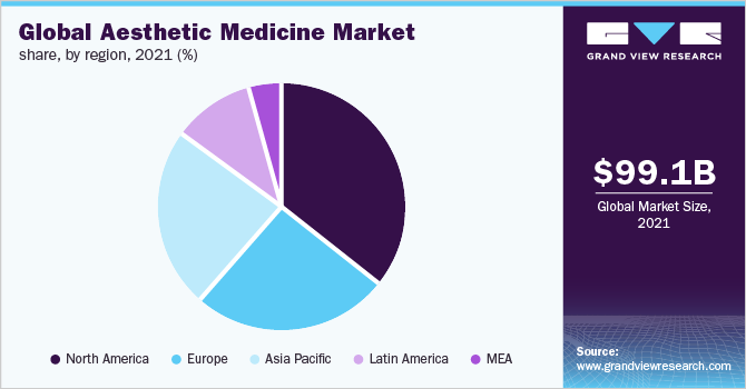 全球美容医学市场占有率，各地区，2021年(%)