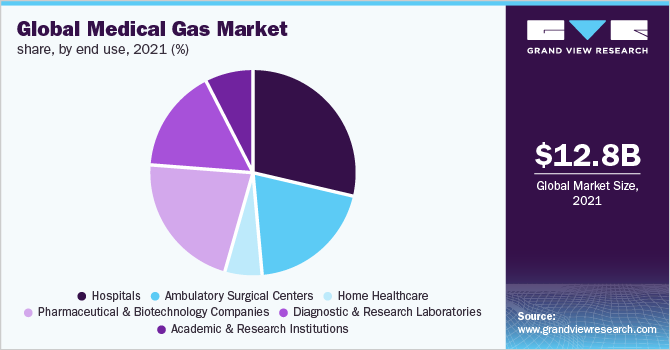 按最终用途分列的全球医用气体市场份额，2021年(%)