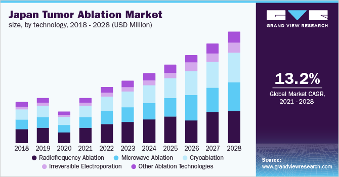 日本肿瘤消融市场规模，按技术计算，2016 - 2028(百万美元)