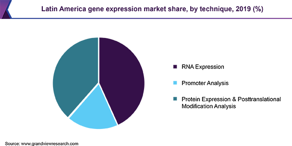 拉丁美洲基因表达市场份额，各技术，2019年(%)