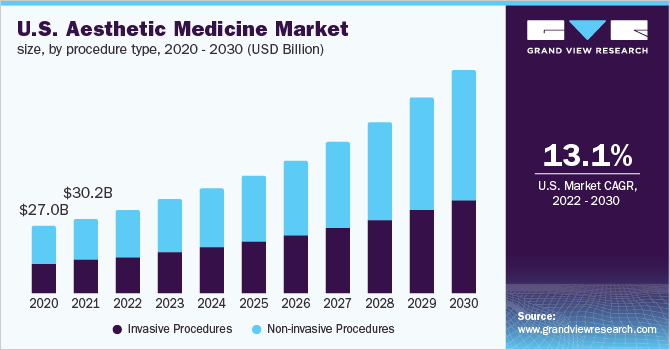 美国美容医学市场规模，各手术类型，2020 - 2030年(十亿美元)