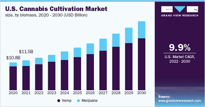 2020 - 2030年按生物量划分的美国大麻种植市场规模(10亿美元)