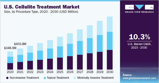 2020 - 2030年美国脂肪团治疗市场规模，按程序类型划分(百万美元)