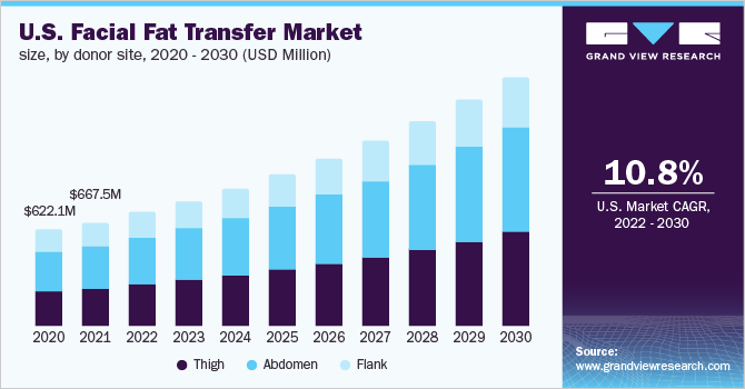 2020 - 2030年，美国面部脂肪移植市场规模，按捐赠地点分列(百万美元)