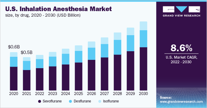 2020 - 2030年美国吸入麻醉药市场规模(10亿美元)
