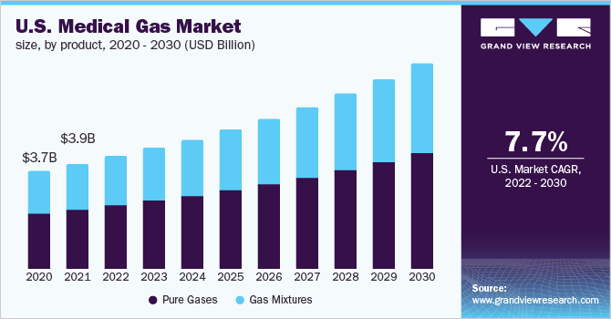 2020 - 2030年，按产品分列的美国医用气体市场规模(10亿美元)