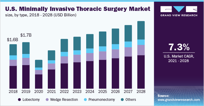 2018 - 2028年美国微创胸外科市场规模、各类型(10亿美元)