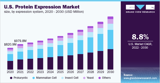 2020 - 2030年美国蛋白表达系统的市场规模(百万美元)